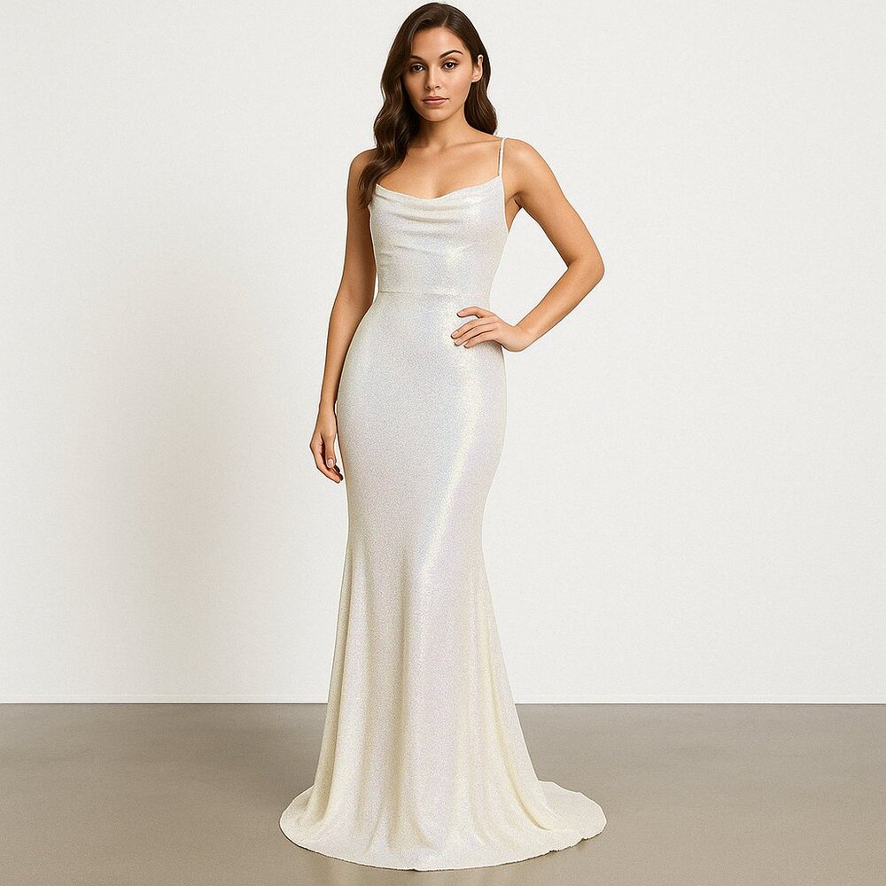 B. Darlin (NWT) Iridescent Sequin Gown – White, Size 13/14